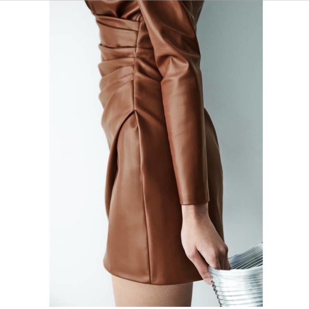 Zara Faux Leather Surplice Brown Long Sleeve Mini Dress Size S - Picture 3 of 8